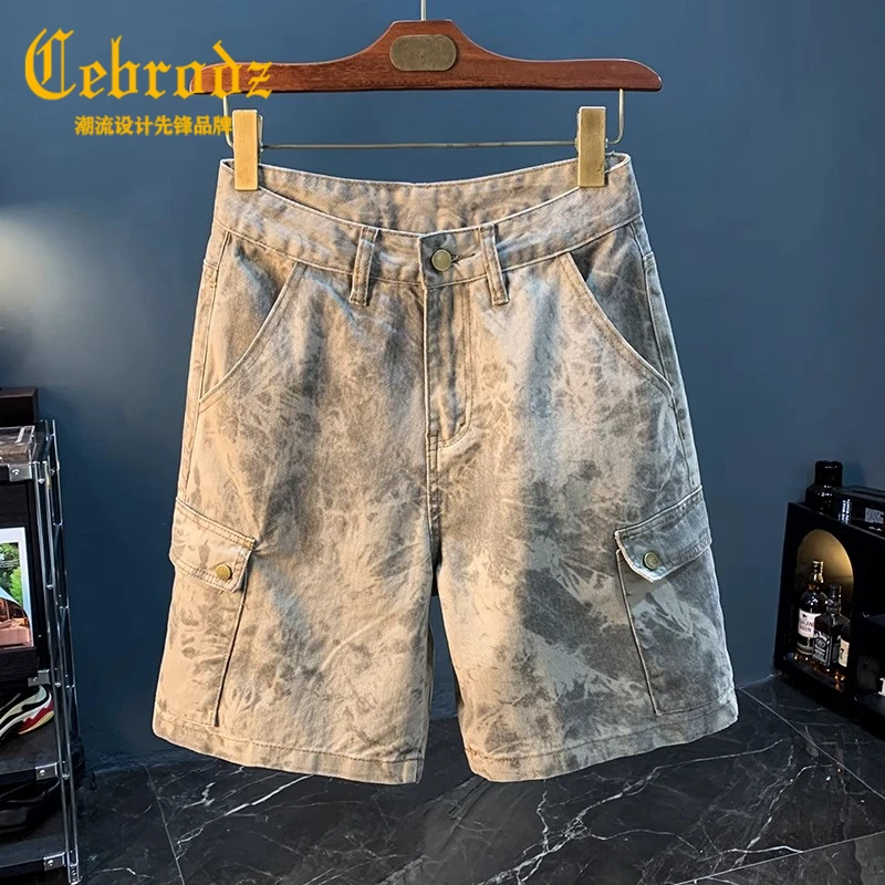 Cebrodz夏季新款牛仔短裤男宽松工装五分裤迷彩休闲男士中裤子