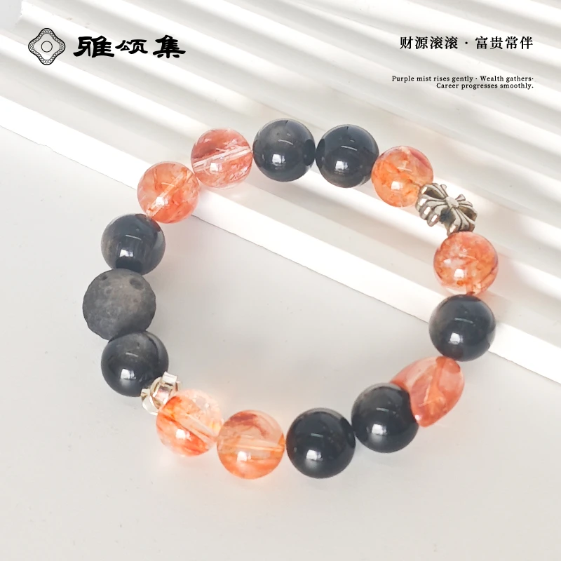 鸿运星球红胶花G3150黑曜石10m+手链女精致紫水晶手串送女友