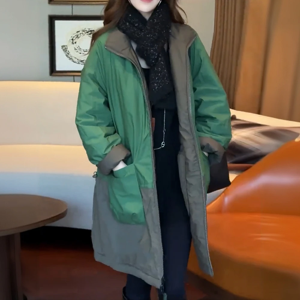 松弛感时尚撞色厚实中长款棉服外套女冬季新款大码宽松洋气棉袄子