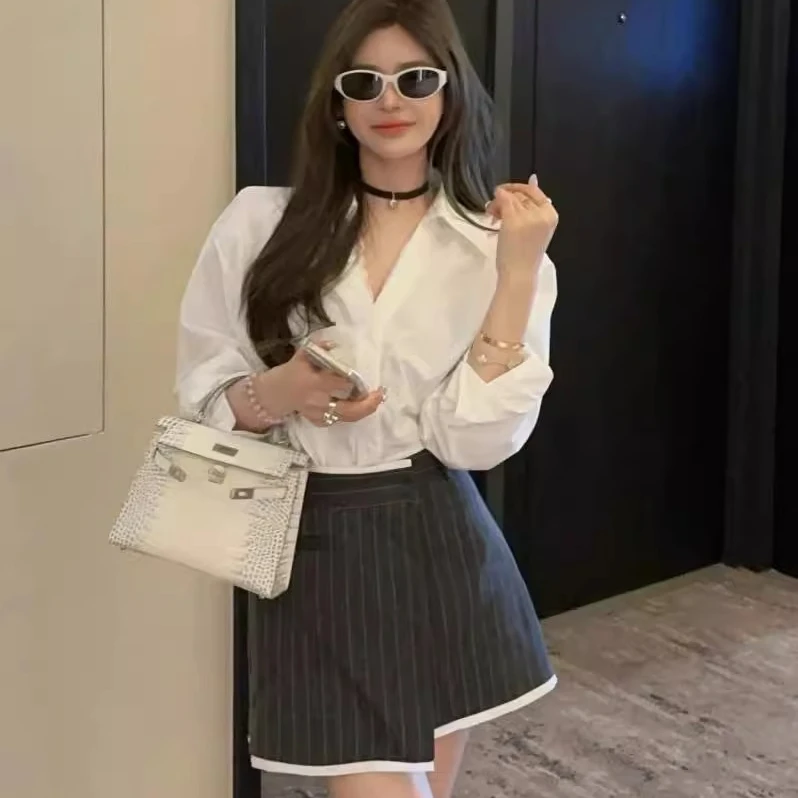 秋季气质显瘦蕾丝边白色衬衫上衣+不规则西装半身裙两件套装女