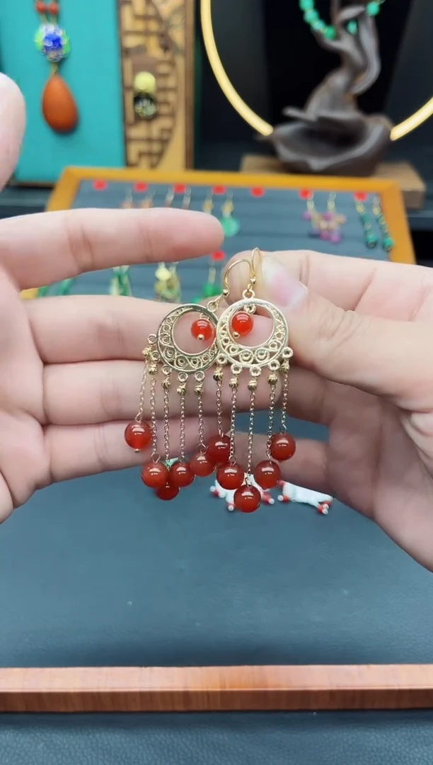 【闪购商品】南红玛瑙耳饰银S925镶嵌捕梦网