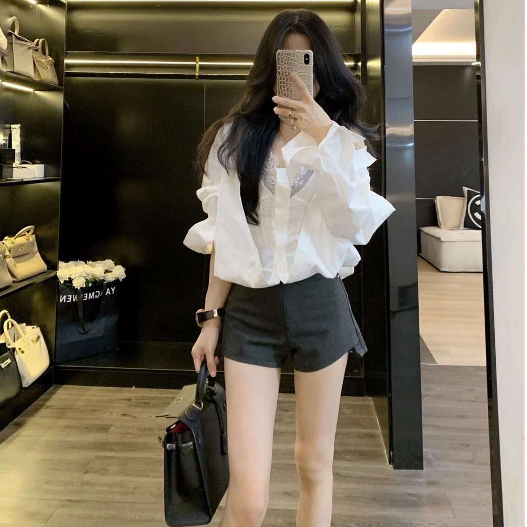 气质显瘦假两件上衣温柔甜美洋气休闲时尚套装性感辣妹短裤外穿女