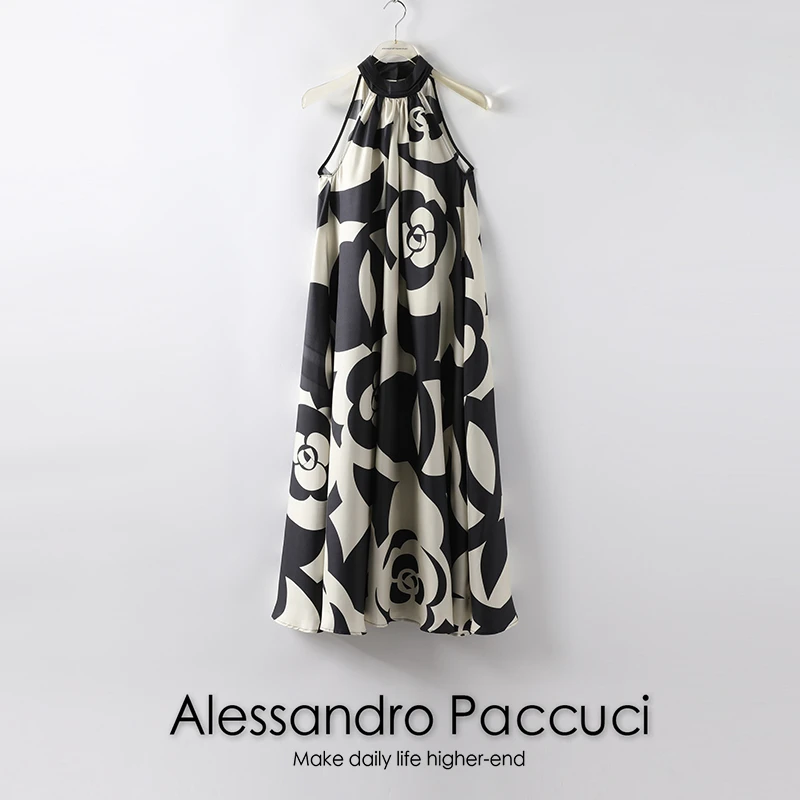 AP洛哥21100 X山茶花印花100醋酸挂脖无袖时尚气质长款连衣裙