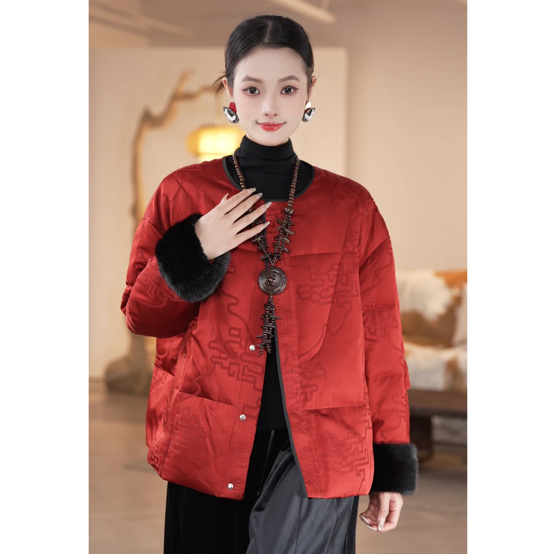 【镶守·吉祥】冬季设计师中式优雅轻奢时尚宽松短款白鹅绒服25662