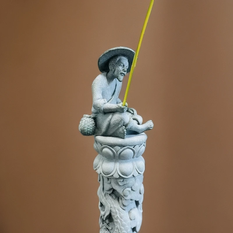 钓鱼翁茶宠摆件鱼缸造景青砂石高级手工桌面