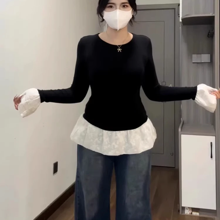法式个性少女风设计感蕾丝拼接长袖T恤2025秋冬新款修身上衣外穿