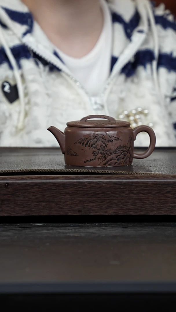 【闪购商品】紫砂茶壶梨皮紫泥刻绘汉瓦