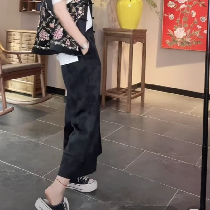 幽澜 芳华设计新中式复古提花阔腿裤国风百搭提花阔腿裤