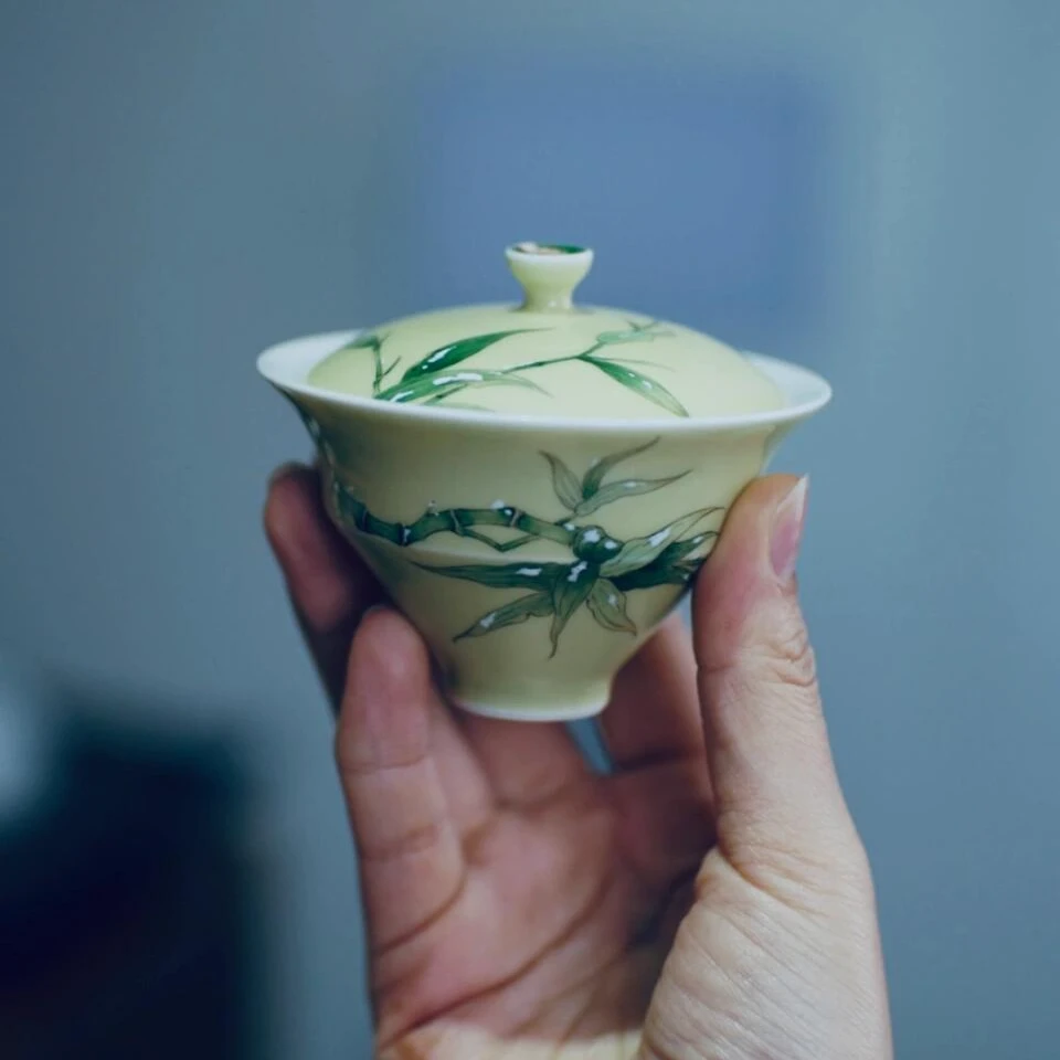 三秋月30-手绘雪竹盖碗 景德镇手工手绘竹子斗笠盖碗 精致茶生活