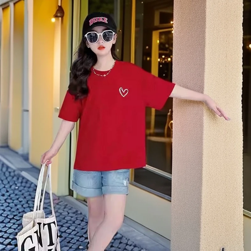 女童纯棉短袖夏装红色T恤新款学生班服团体服爱心印花上衣表演服