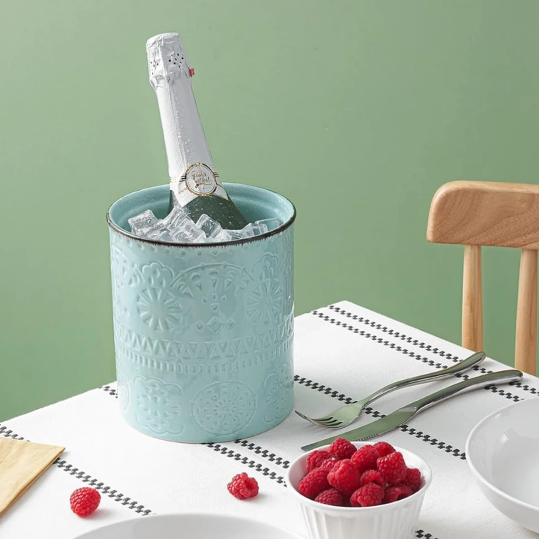 【多米家】18*15.5CM 春日青 雪花阴雕冰桶 花插 清新款 欧式宫廷风