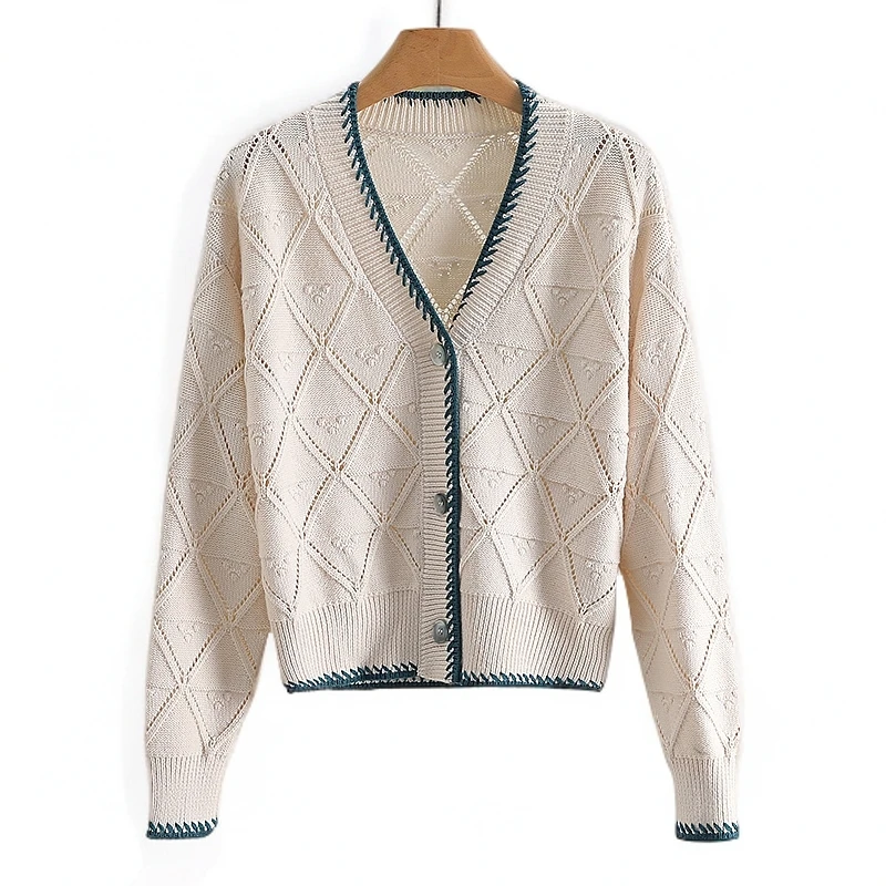 【伍莎-自营】撞色V领粗针毛衣开衫#QYX48U001