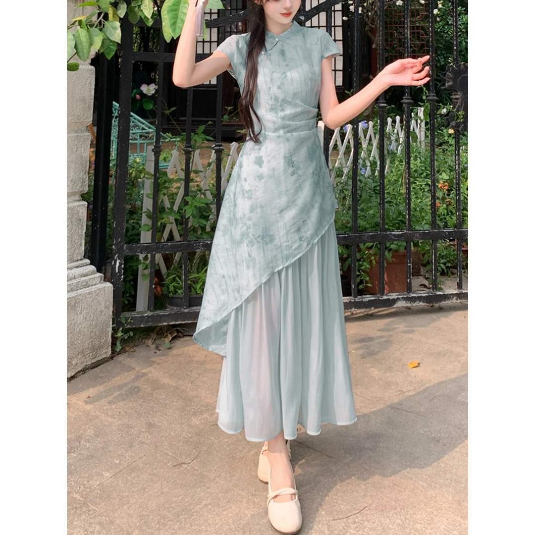 画报夫人画浅国风新中式禅意清冷天丝晕染提花旗袍连衣裙女夏季新