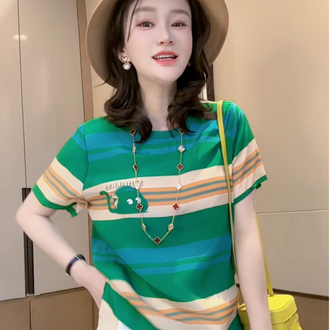 【丝芙玉禄】（F484）100%真丝双绉条纹创意绿色桑蚕丝t恤上衣