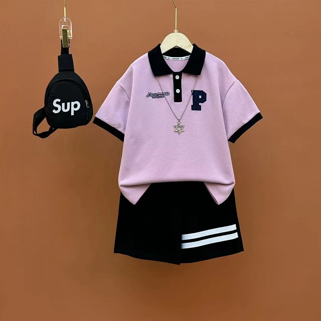 现货儿童夏装套装中大童洋气韩版翻领百搭polo衫时尚【不含包】
