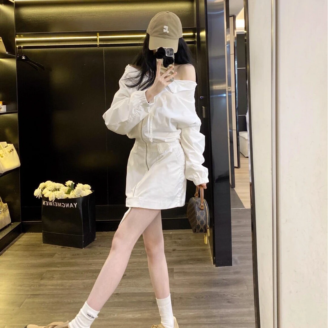 性感辣妹学院风露肩连衣裙拉链设计感外穿长袖气质显瘦洋气连衣裙