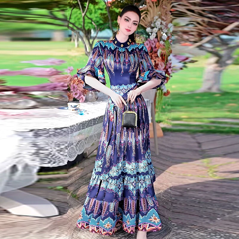 夏季原创设计印花连衣裙2025新款立领度假风过膝收腰长裙