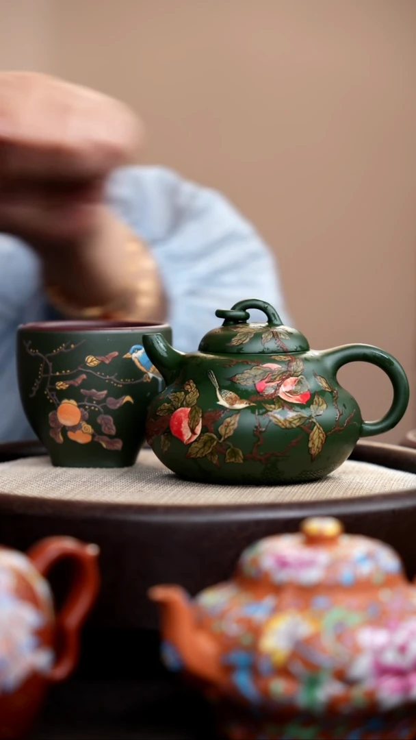 茶壶紫砂民国绿葫芦壶泥绘桃子+杯