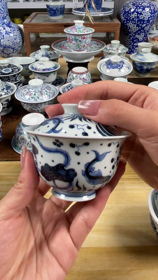 杯景德镇手工手绘青花鱼藻纹元宝盖碗