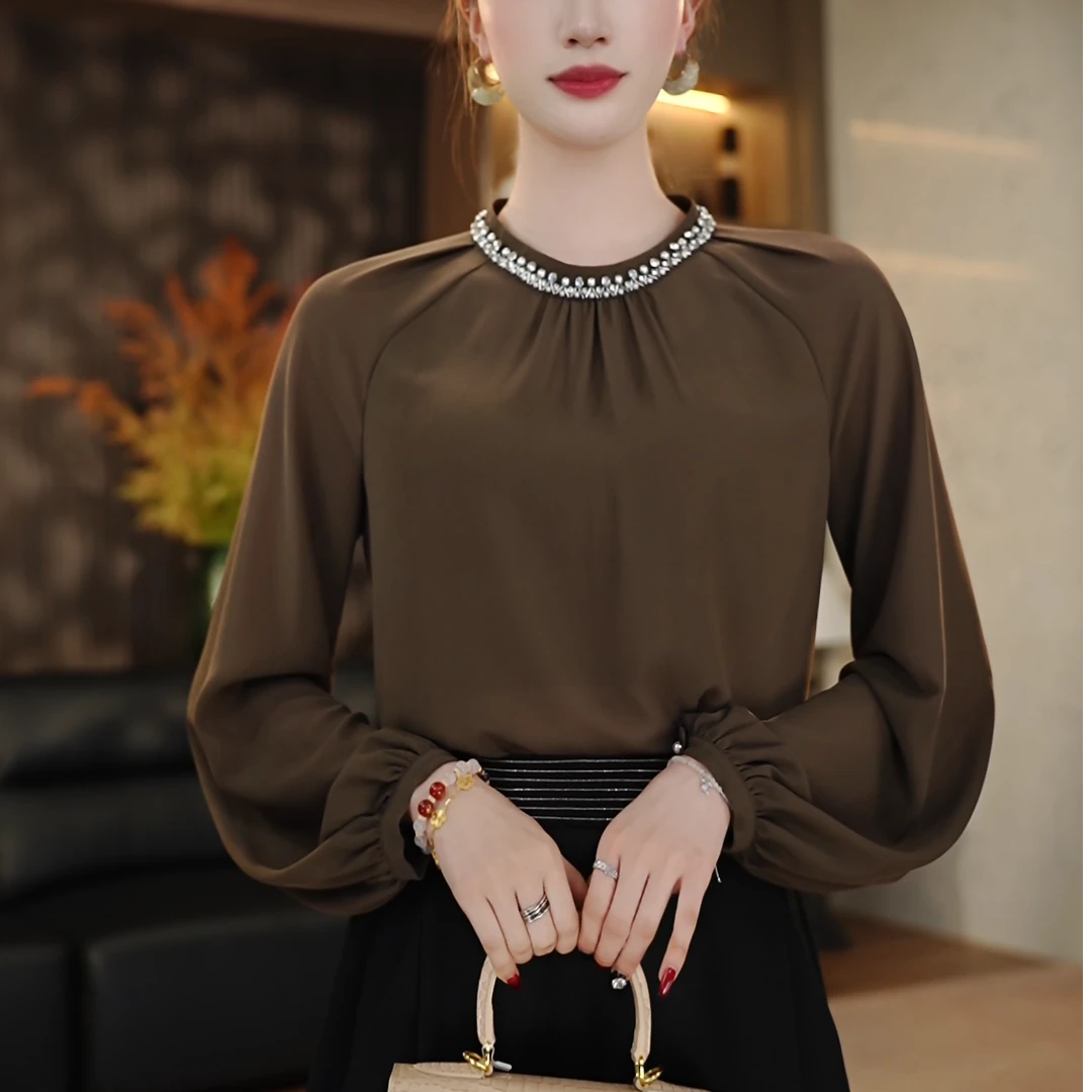 衬衫女长袖2025春季新款时尚减龄高端蕾丝亮片显瘦上衣女