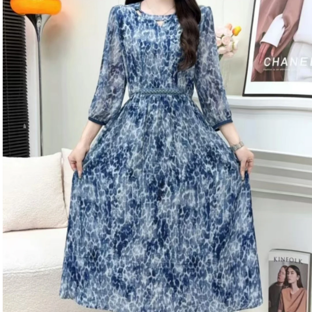 0333蓝色海浪小蝶妈妈装连衣裙气质轻奢夏季