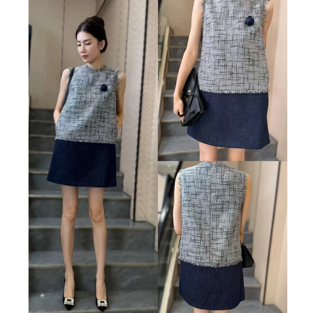 【俊英】早秋2025新款时尚圆领毛须边无袖拼色百搭连衣裙气质