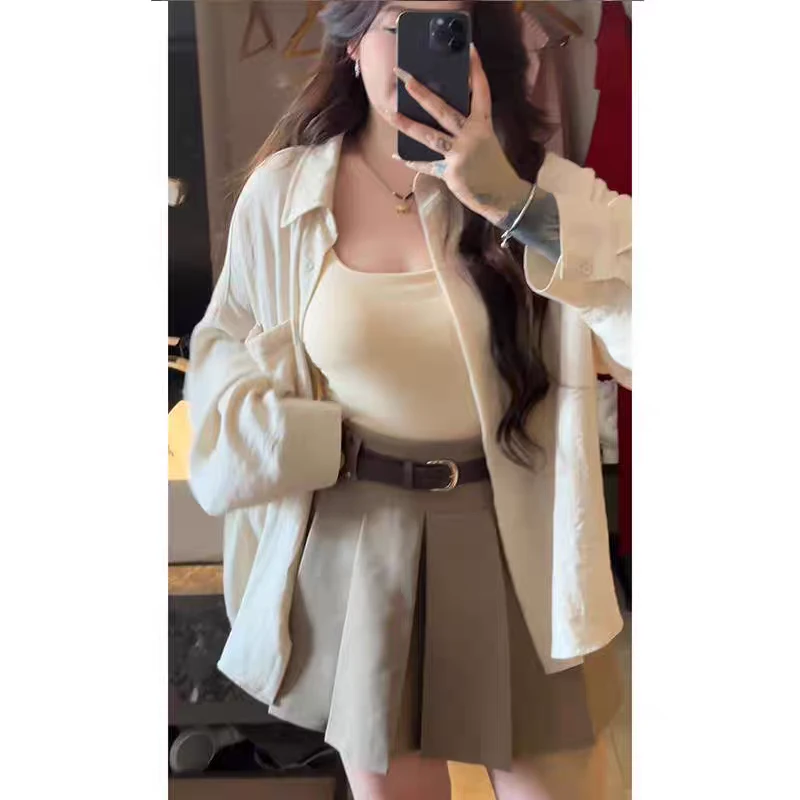 胖mm慵懒风休闲套装松弛感衬衫外套短裙两件套套