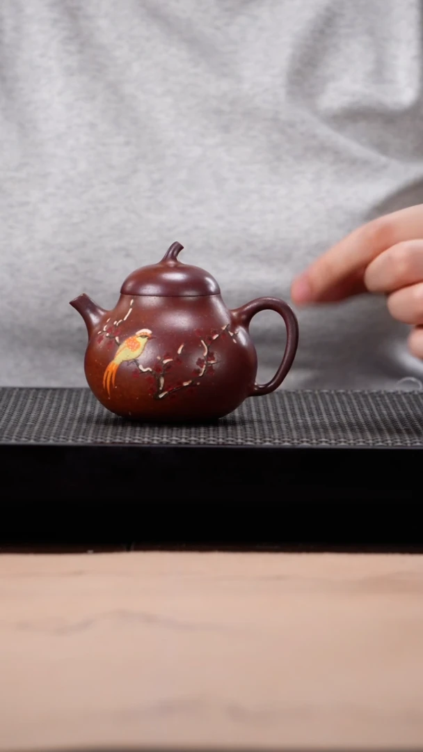 茶壶紫砂高温段泥火云烧雀上枝头泥绘茄瓜160c