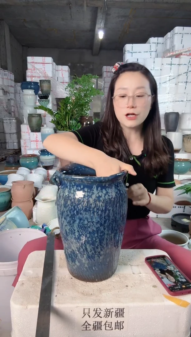 蓝色雪花双耳陶盆一个装  口17高29