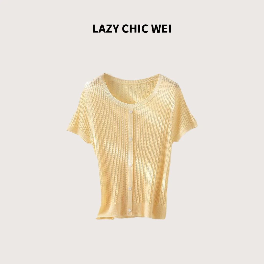 WEI 莱赛尔桑蚕丝混纺波浪线假门襟针织衫 2539SSW5338