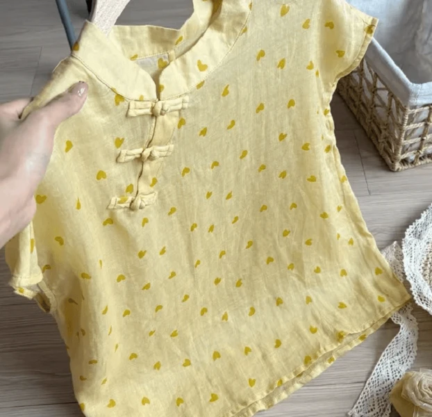 2025年夏季新款新中式夏季复古国风爱心盘扣休闲气质短袖衬衫