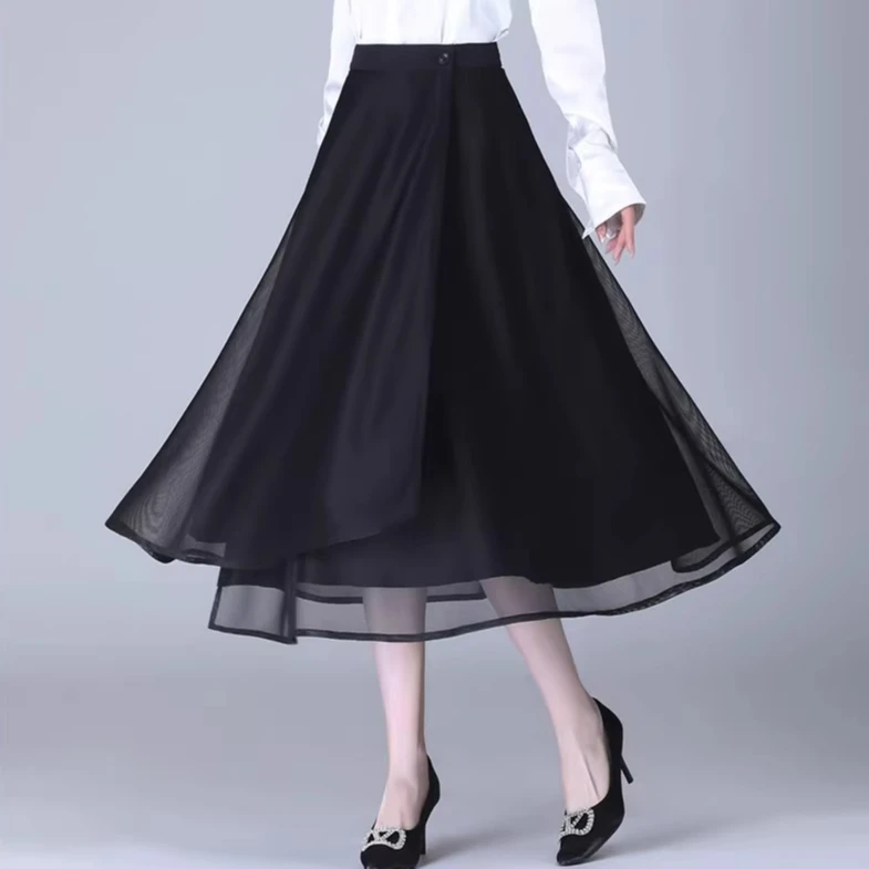 【双层两面穿】一片式网纱半身裙女中长款大摆西装裙垂感纱裙a字裙