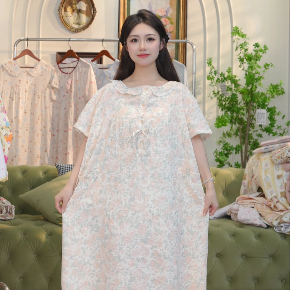 夏季大码纯棉睡裙女士双层棉纱薄款短袖连体裙80-300斤可穿中长款