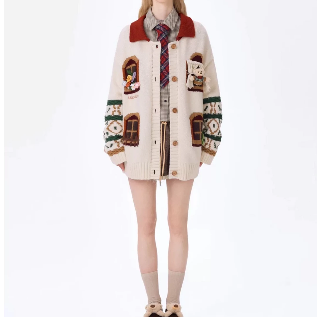 【小熊窗台】2025秋季新款窗外景色针织开衫复古毛衣外套D2518