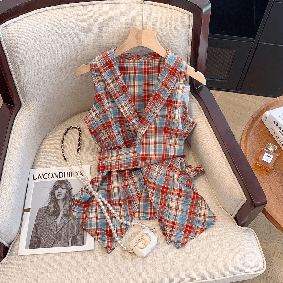 韩系辣妹绑带格纹背心吊带2025夏季新款修身通勤休闲小香风上衣女