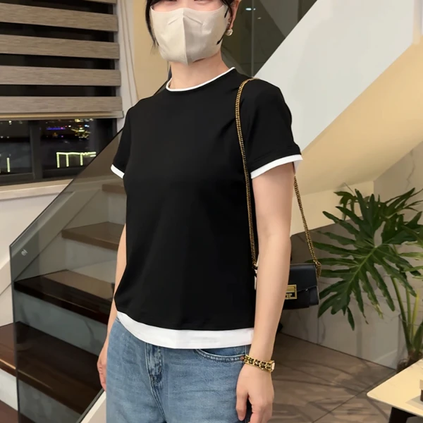 假两件撞色拼接高级感短袖T恤夏季宽松百搭洋气女士上衣2025新款