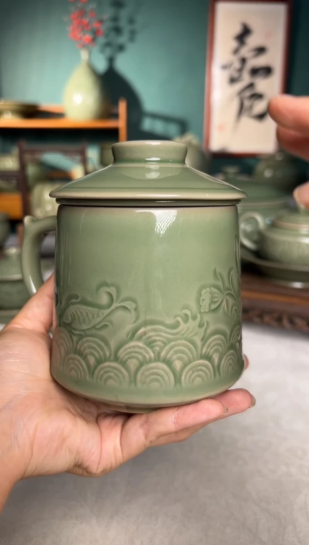 其他耀州窑秘色鱼鸭戏莲三件套茶漏杯