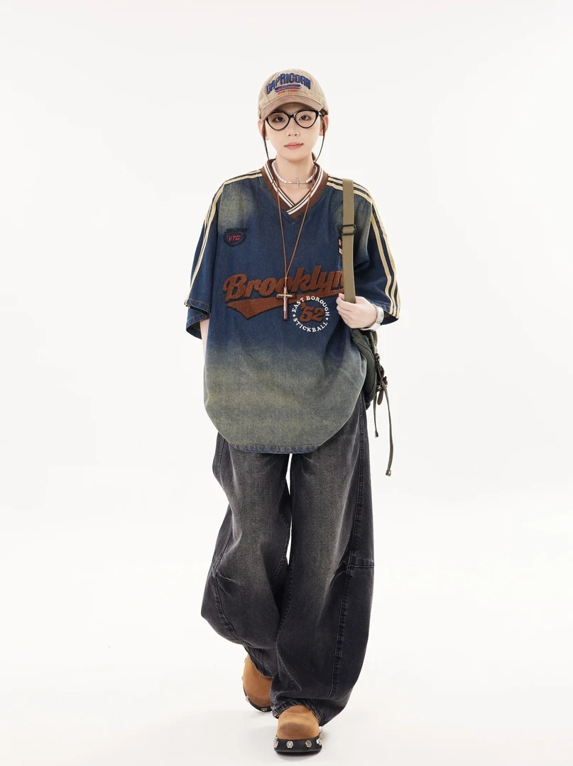 UNOTOBE 美式复古学院风条纹V领设计水洗做旧牛仔男女短袖T恤