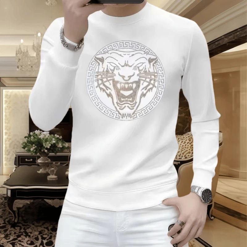 新款潮流时尚百搭长袖男士秋冬休闲卫衣套头秋冬圆领烫钻修身外套