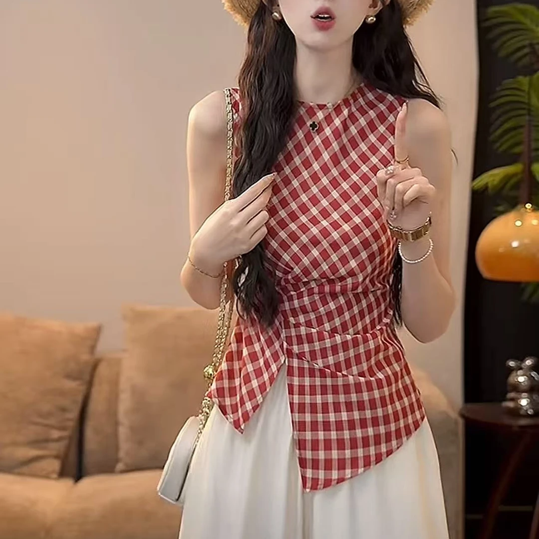 夏季新款红色格子设计感显瘦衬衫女