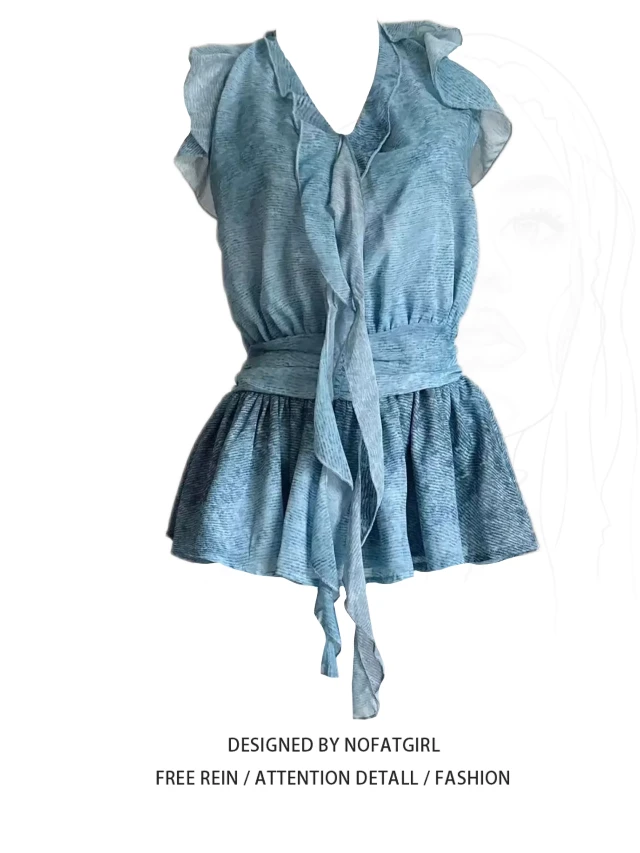 大码胖MM纯欲氛围感蓝色荷叶边挂脖上衣女夏季新款收腰显瘦上衣潮