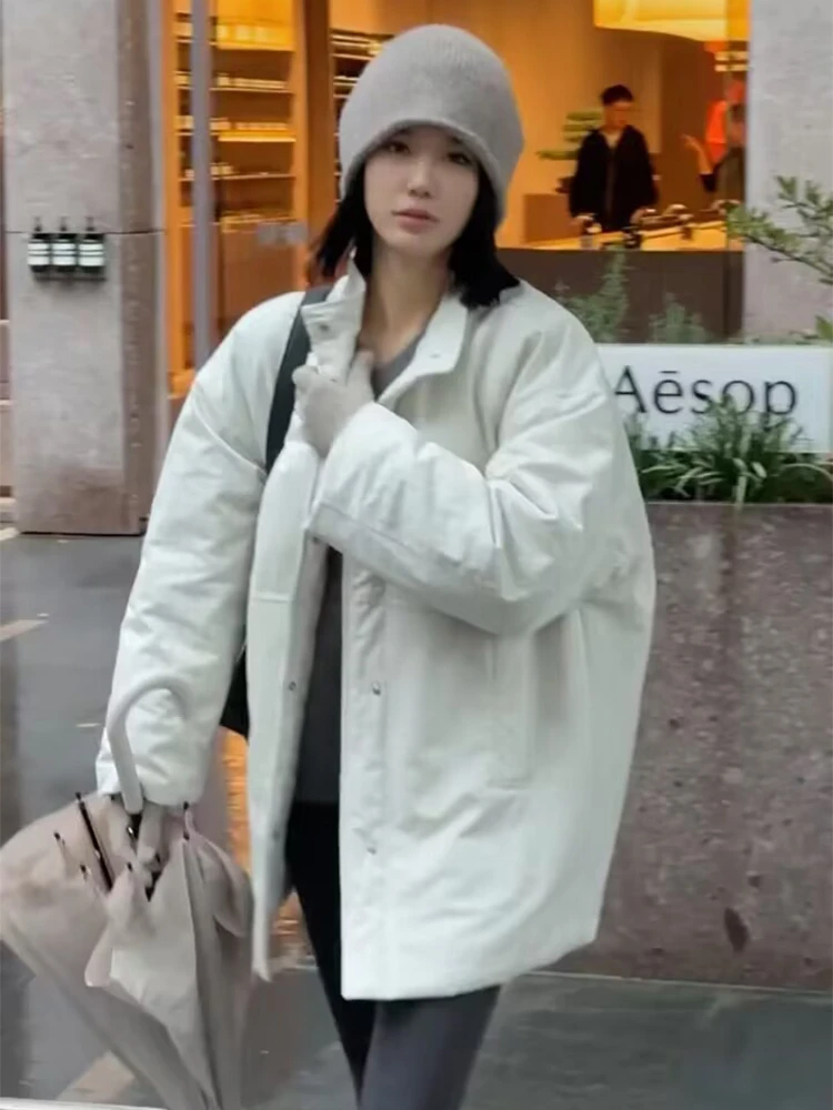 简约气质高级感白色加厚棉服女冬季小个子韩系慵懒宽松冲锋衣外套