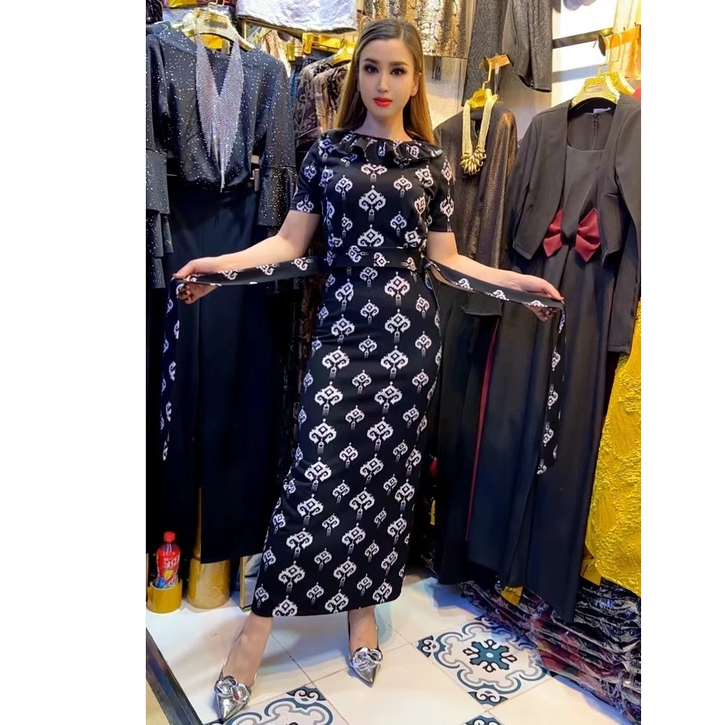 长款拉链背带款长裙荡领连衣裙洋气旗袍裙网红碎花显瘦印花