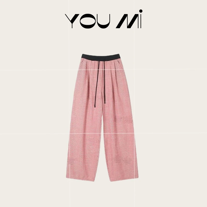 夏季新款休闲裤女时尚小众潮流透气拼色腰头百搭格纹休闲裤女1093