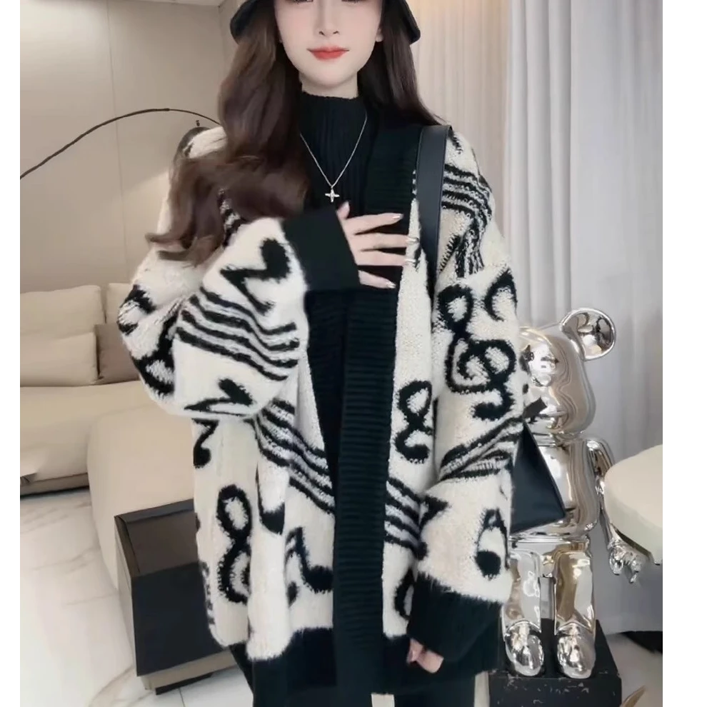 羊羔毛绒加厚开衫毛衣外套女秋冬新款宽松慵懒风中长款小香风上衣