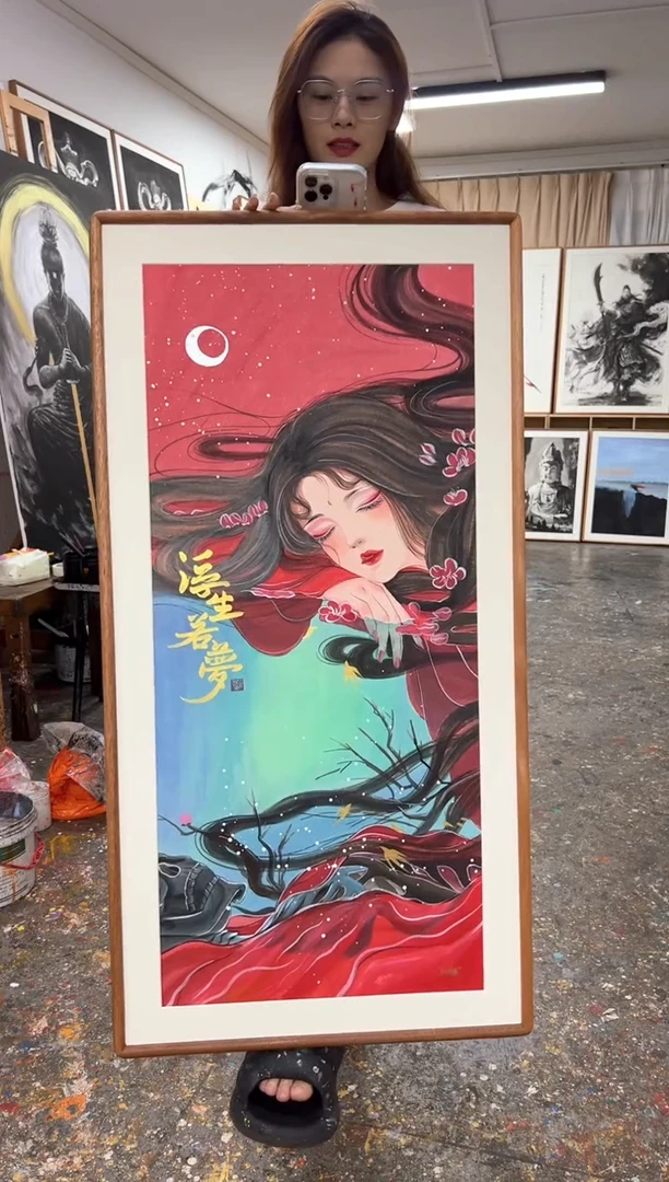 丙烯画副**玩尘微老师美女红色精装裱