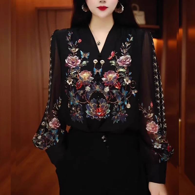 2025年秋季新款大码女装胖MM黑色印花时尚复古气质高级感衬衫上衣