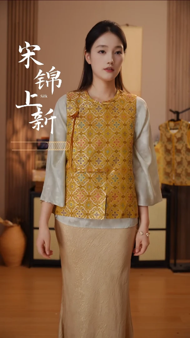 桑蚕丝三马宋锦八方来财 金色小码