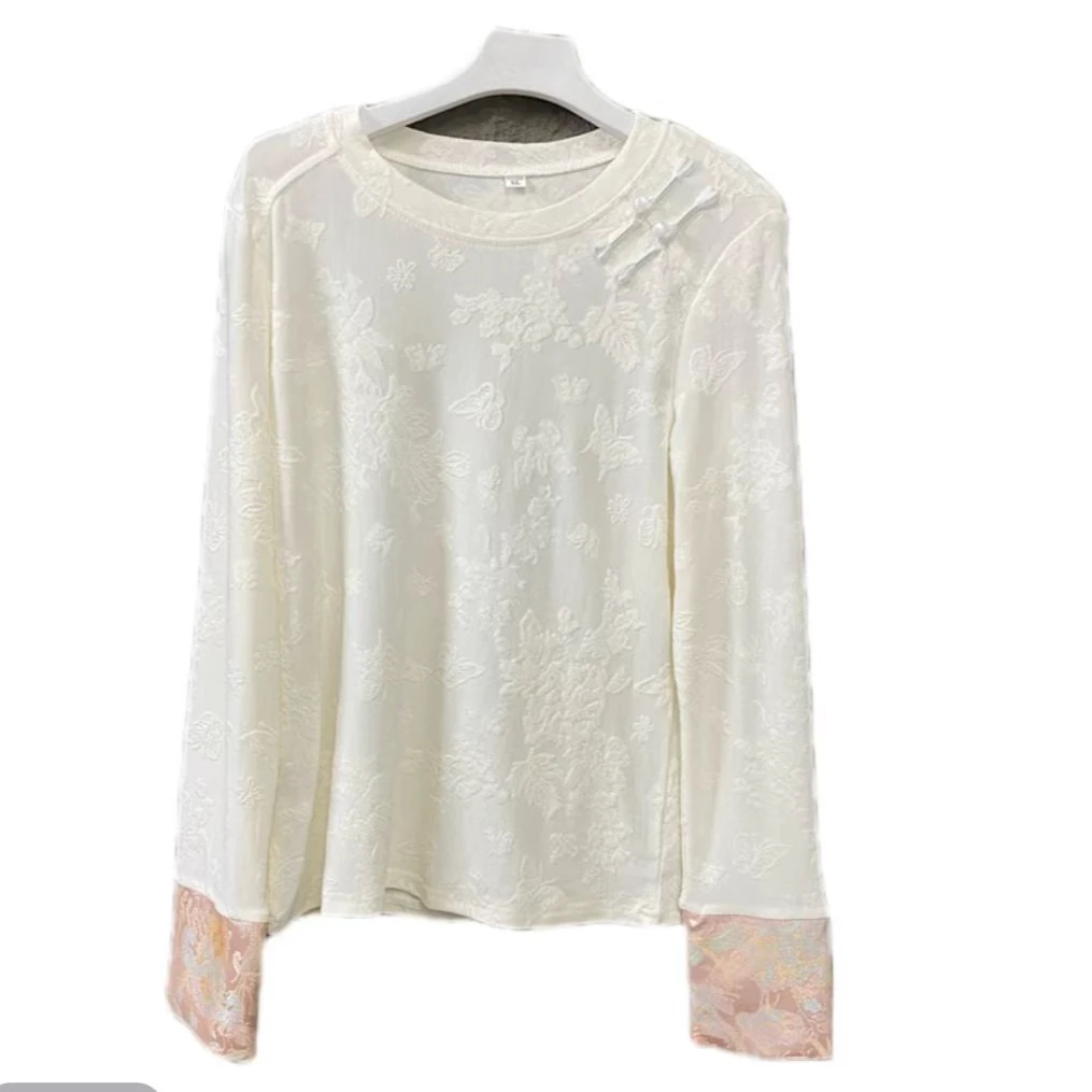 国风刺绣打底衫2025年春季新款时尚潮流女士优雅透气百搭薄款T恤