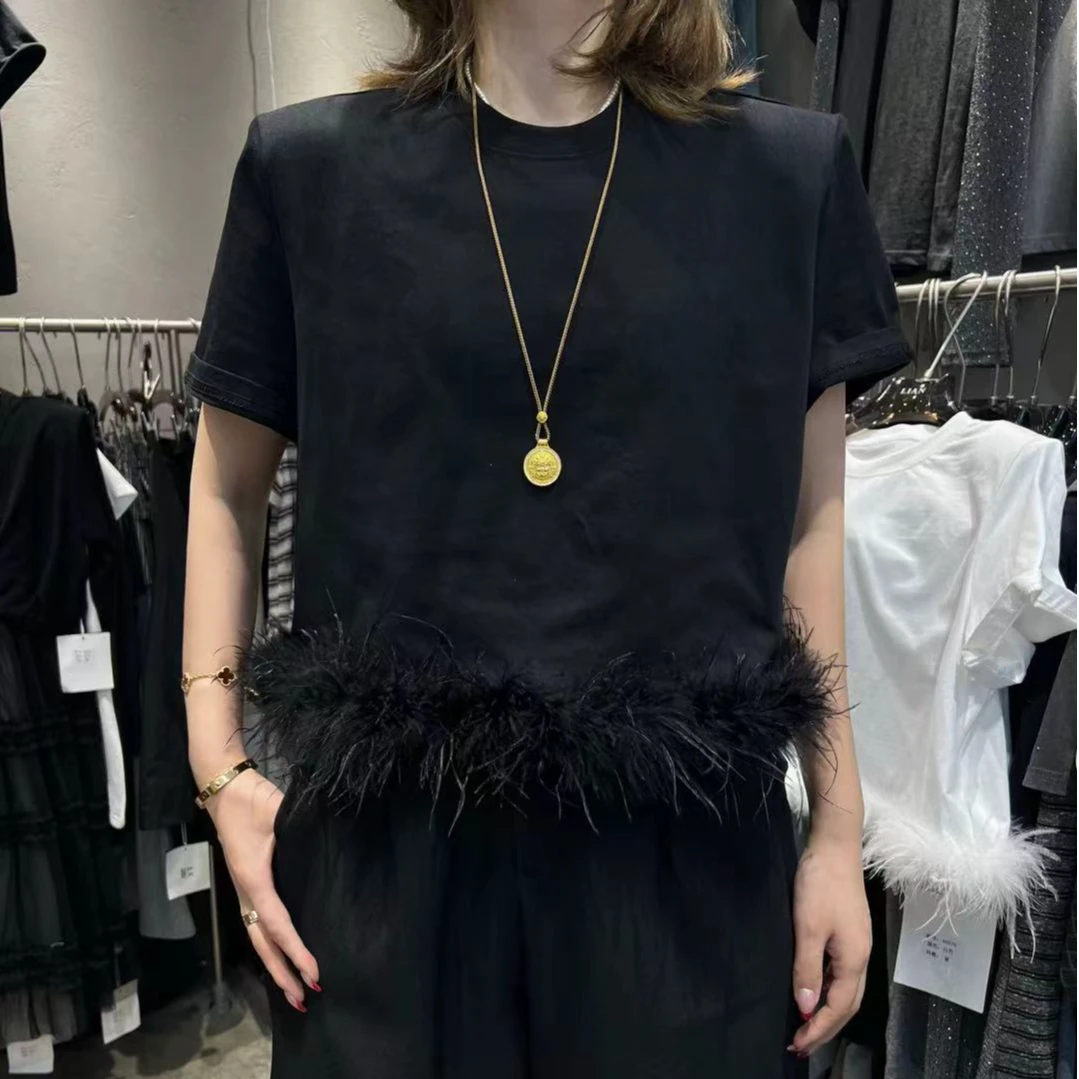 DA-J春夏新款A版拼接鸵鸟毛宽松小众设计感T恤